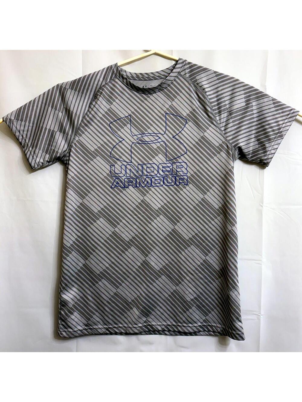 Under Armour Boys YXL Loose HeatGear T-Shirt Gray Blue Logo Performance Tee